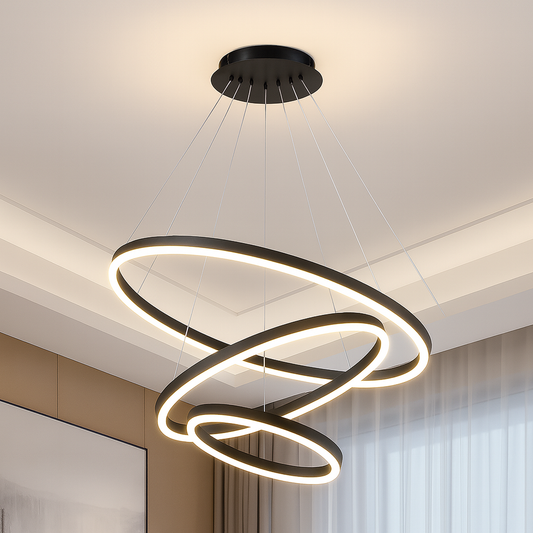 Suspended LED chandelier with remote control CASIANA 84W, 3 Circles, Cold/Warm/Neutral light, Dimmable, Black, Height Adjustable