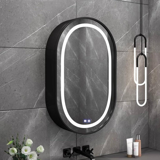 LED Mirror with Cabinet, Oval, 50x80cm, Demist, Cold/Warm/Neutral Light, Black Frame, Storage Space Cabinet Mirrors Default Title Alessandro Design