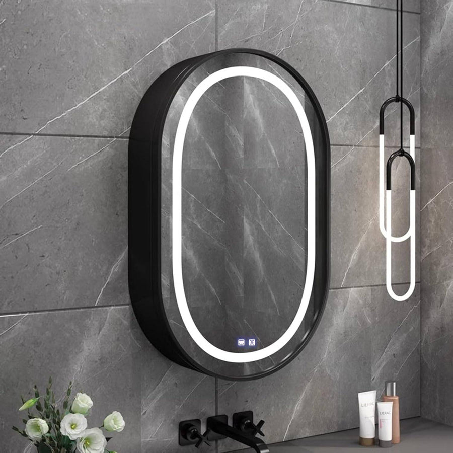 LED Mirror with Cabinet, Oval, 50x80cm, Demist, Cold/Warm/Neutral Light, Black Frame, Storage Space
