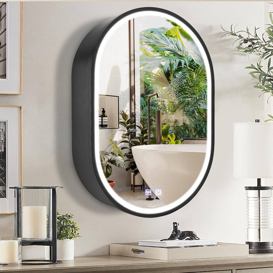 LED Mirror with Cabinet, Oval, 50x80cm, Demist, Cold/Warm/Neutral Light, Black Frame, Storage Space