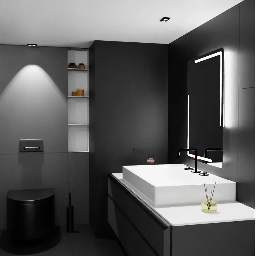 Rectangular LED mirror, 60x80cm, Rayonnement MotionGlow Marcello, Demister System, Clock & Thermometer, Dimmable