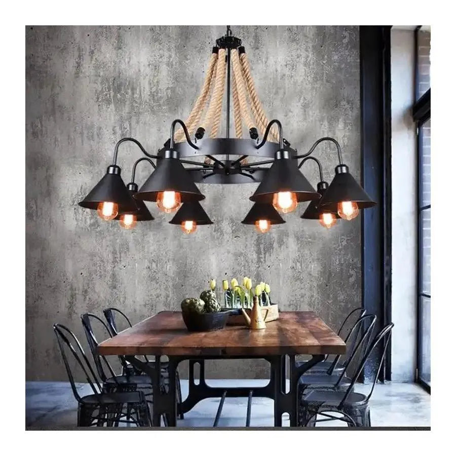 Indian Chandelier, 8*E27, Metal and Rope, Black
