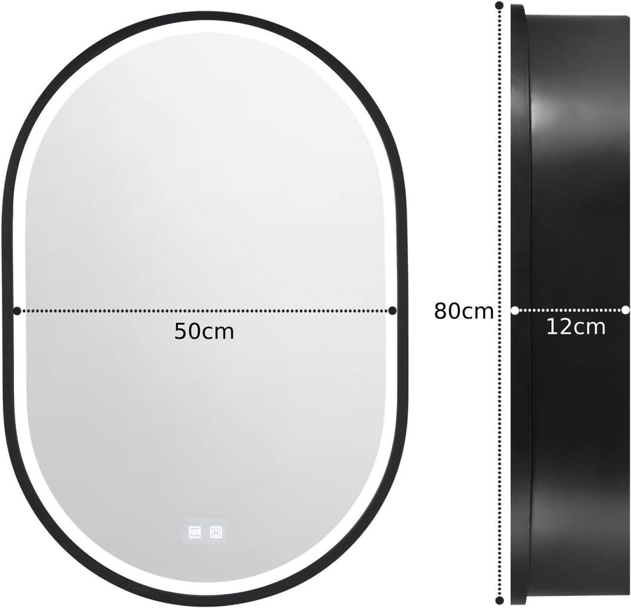 LED Mirror with Cabinet, Oval, 50x80cm, Demist, Cold/Warm/Neutral Light, Black Frame, Storage Space