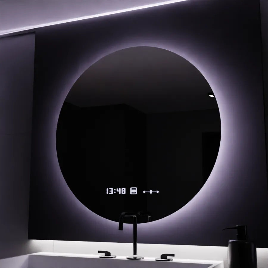Round LED mirror, 80cm, Serenite MotionGlow Marcello, Demister System, Clock & Thermometer, Dimmable