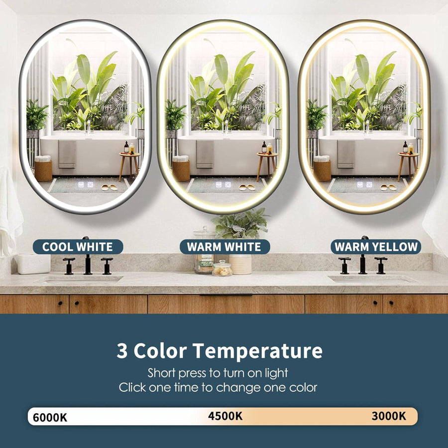 LED Mirror with Cabinet, Oval, 50x80cm, Demist, Cold/Warm/Neutral Light, Black Frame, Storage Space