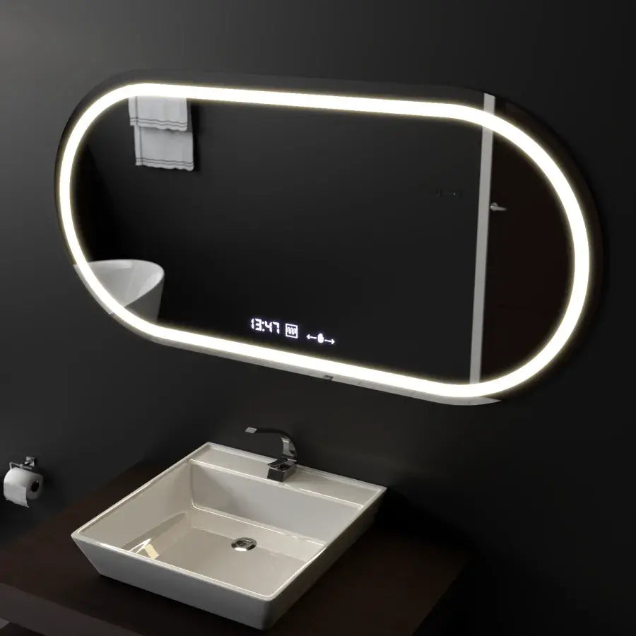 Oval LED mirror, 80x50cm, Altera Marcello MotionGlow Sensor, Demister System, Clock & Thermometer, Dimmable