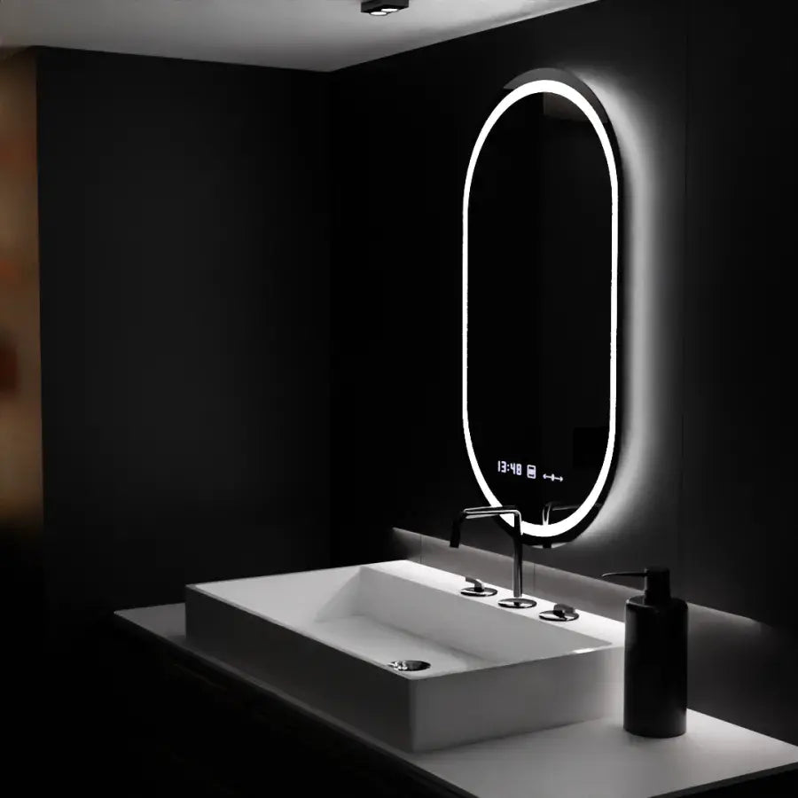 Oval LED mirror, 60x80cm, Eminence MotionGlow Marcello, Demister System, Clock & Thermometer, Dimmable
