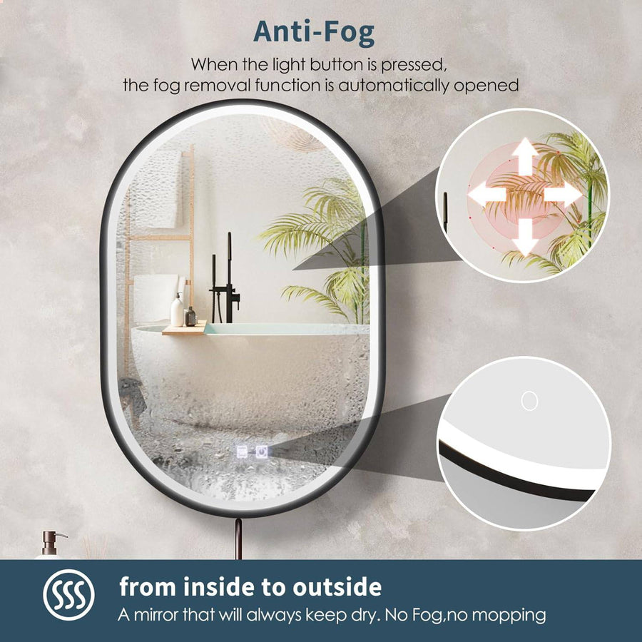 LED Mirror with Cabinet, Oval, 50x80cm, Demist, Cold/Warm/Neutral Light, Black Frame, Storage Space