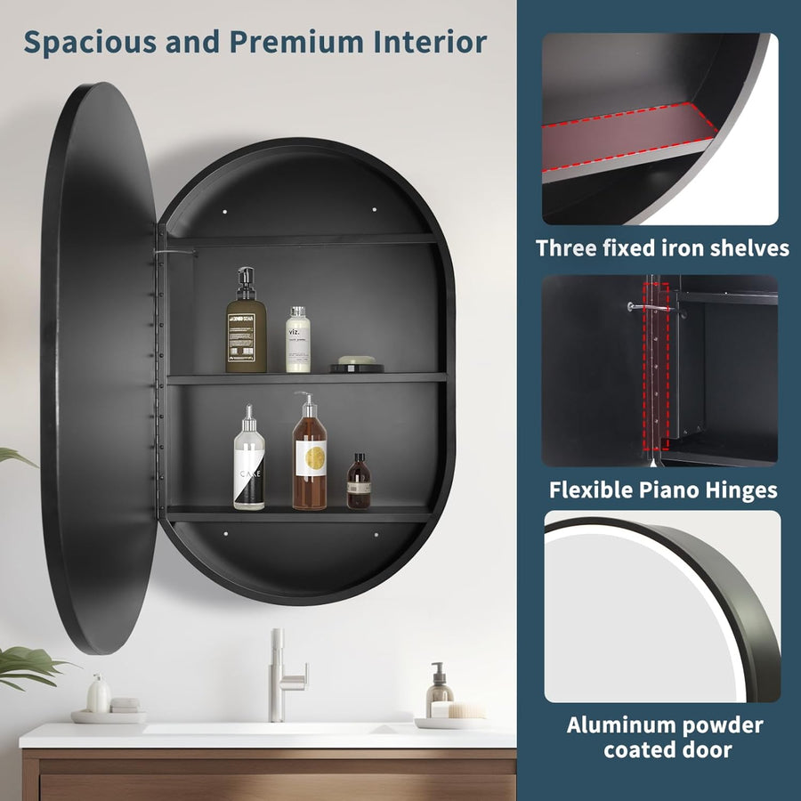 LED Mirror with Cabinet, Oval, 50x80cm, Demist, Cold/Warm/Neutral Light, Black Frame, Storage Space