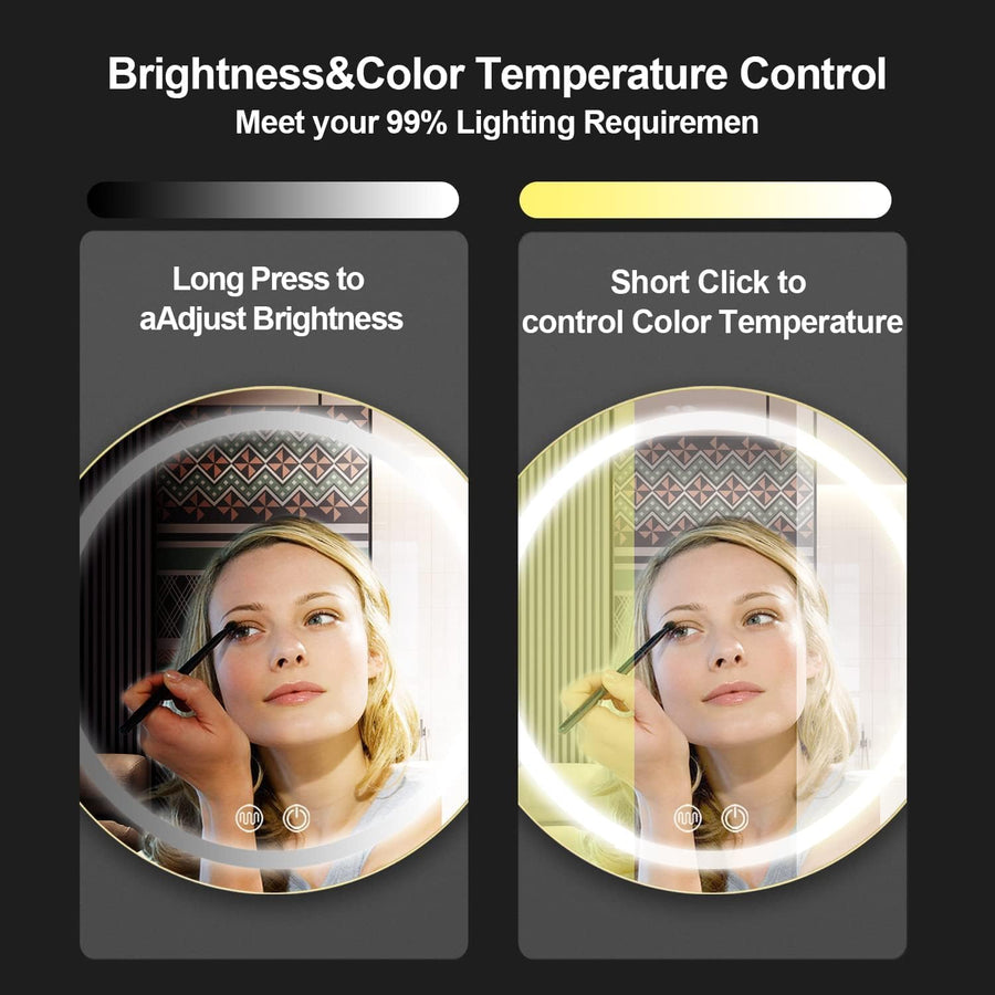 LED Mirror with Cabinet, Round, 50x50cm, Demist, Cold/Warm/Neutral Light, Black Frame, Storage Space