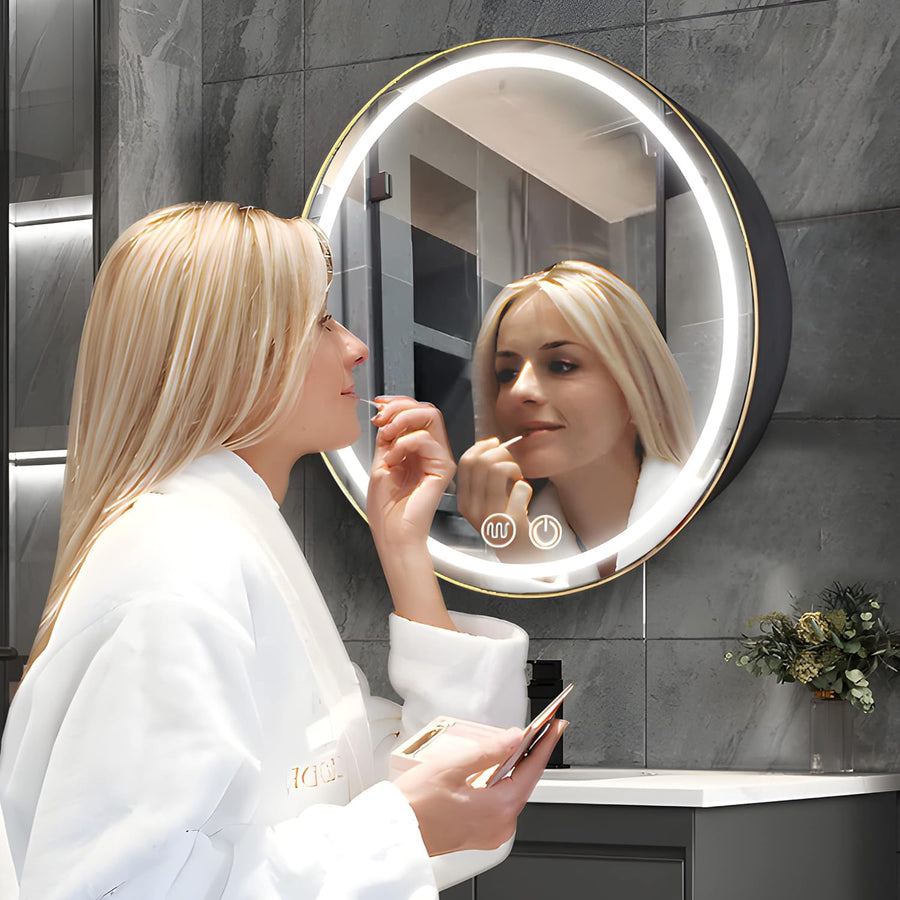 LED Mirror with Cabinet, Round, 50x50cm, Demist, Cold/Warm/Neutral Light, Black Frame, Storage Space