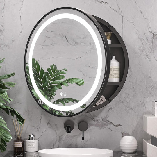 LED Mirror with Cabinet, Round, 10W, 50x50cm, Demist, Black Frame, Storage Space Cabinet Mirrors Default Title Alessandro Design