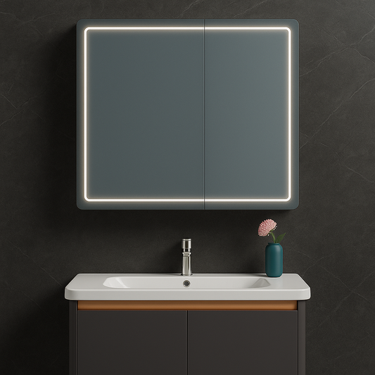 LED Mirror with Bathroom Cabinet and Suspended Sink, 80x60 cm, Modern Design, Integrated Lighting