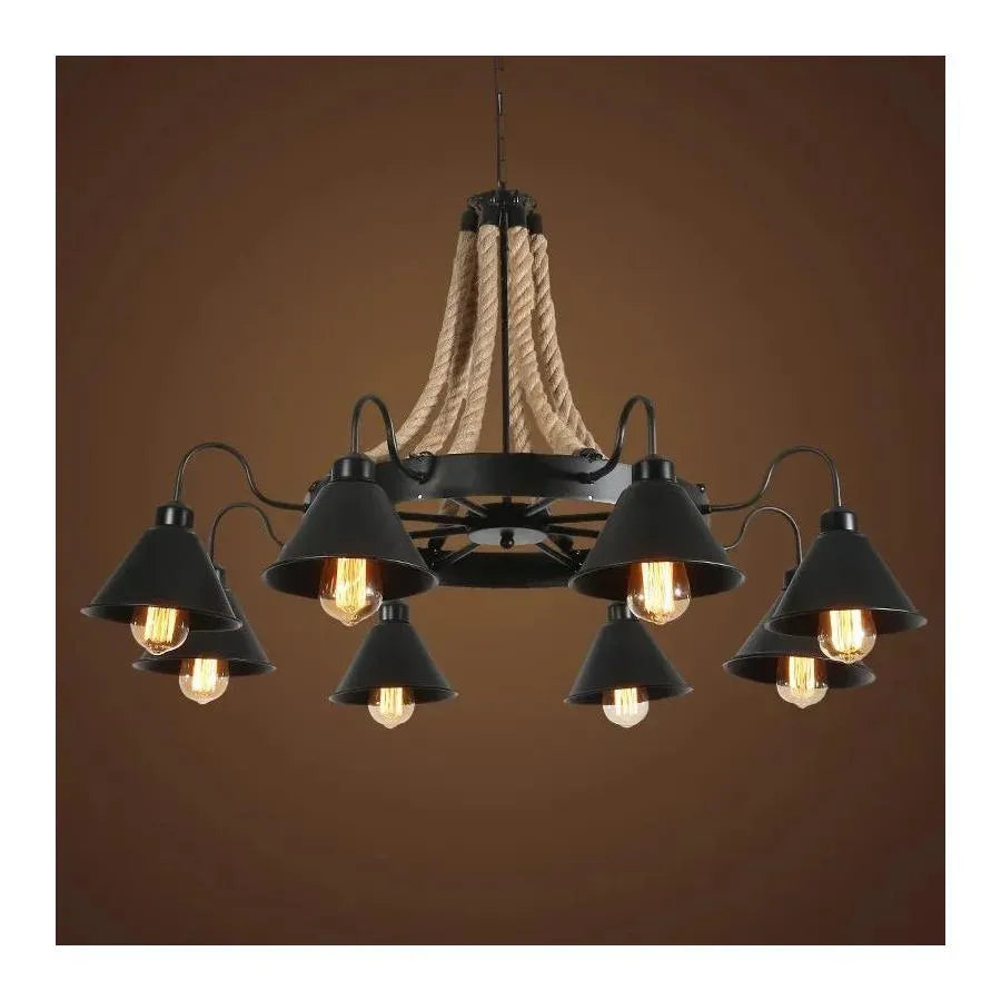 Indian Chandelier, 8*E27, Metal and Rope, Black