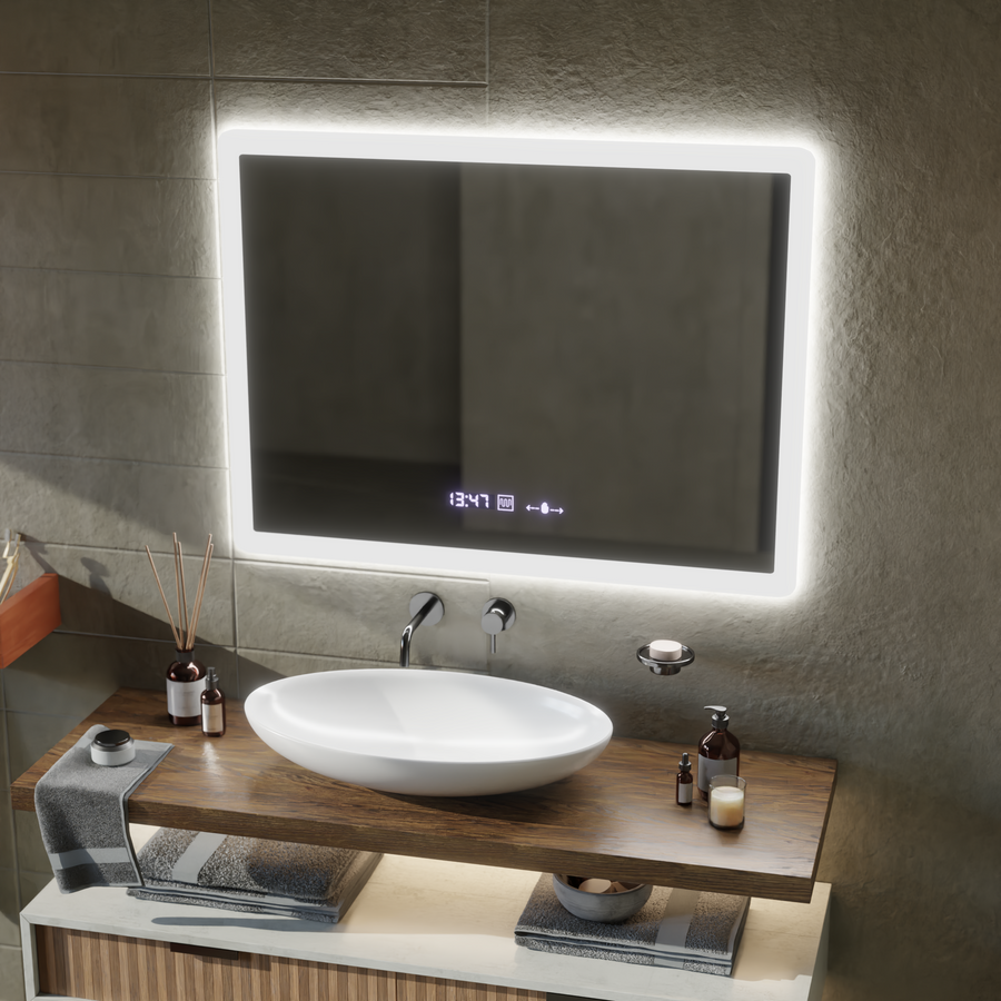 Rectangular LED mirror, 80x60cm, Zampa MotionGlow Marcello sensor, De-fogging system, Clock & Thermometer, Dimmable