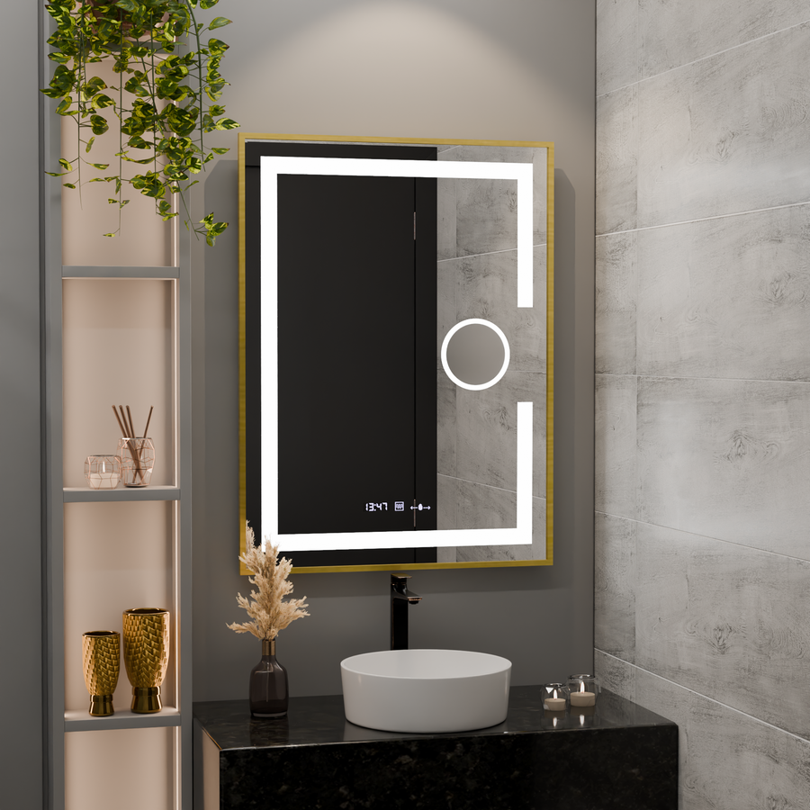 Rectangular LED mirror, 60x80cm, Eclat MotionGlow Marcello, Demister System, Clock & Thermometer, Cosmetic Magnifier, Dimable, Brushed Gold Frame