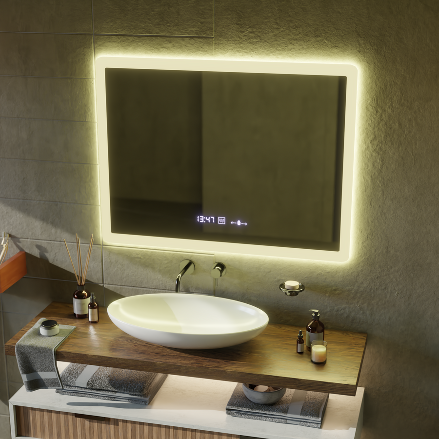 Rectangular LED mirror, 80x60cm, Zampa MotionGlow Marcello sensor, De-fogging system, Clock & Thermometer, Dimmable