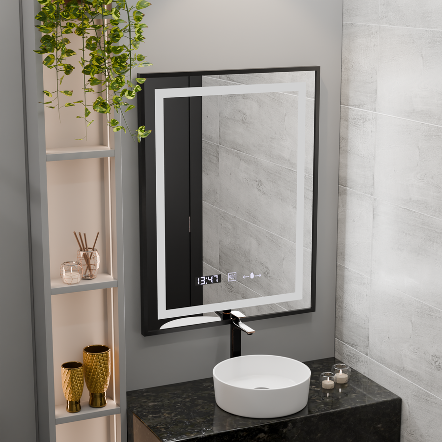 Rectangular LED mirror, 60x80cm, Verite Majeste Noir Motion Glow Marcello, Demister System, Clock & Thermometer, Dimmable