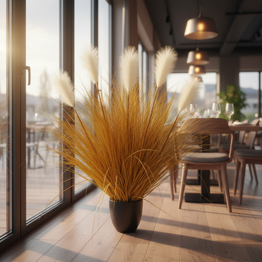 Artificial Plant Ornamental Grass, 95 cm, 5 Stems, Reed and Grass, Orange, No Pot