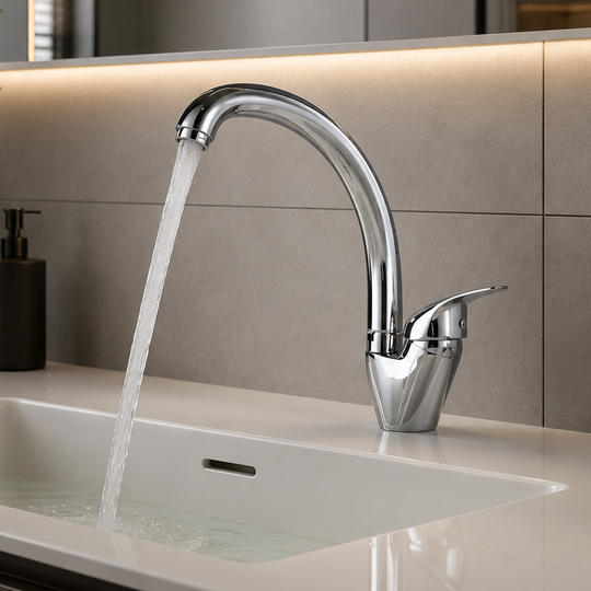 Glossy Chrome Kitchen Faucet LB00C, Pivoting Swan Faucet, Ceramic Cartridge, Complete Set with Connections and Fixing System
