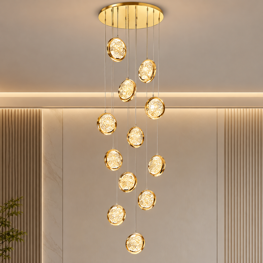 FRAME LED Crystal Chandelier with Remote Control, Suspended, 12 Sources, 36W, Diameter 40cm, Warm / Neutral / Cold Light, Adjustable Height, Gold, Metal and Crystal