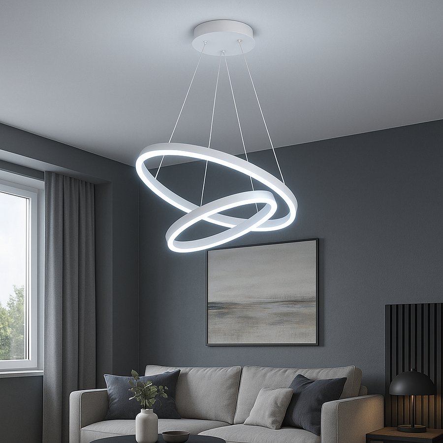 Suspended LED chandelier with remote control CASIANA 42W, 2 Circles, Cold/Warm/Neutral light, Dimmable, White, Height Adjustable