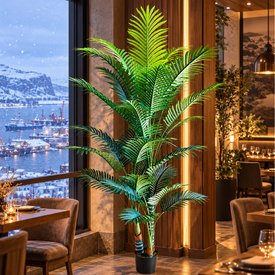 Artificial Kentia Palm Tree Plant, 3 stems, 17 leaves, 220 cm, Green, with Pot