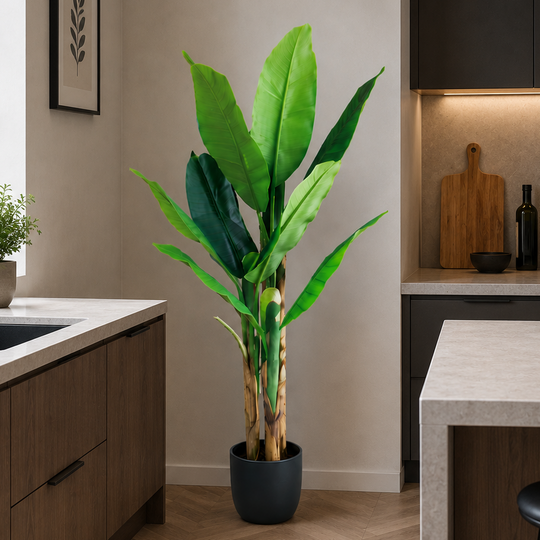 Artificial Banana Tree Plant, 140 cm, 3 stems, 11 leaves, Green, with Pot