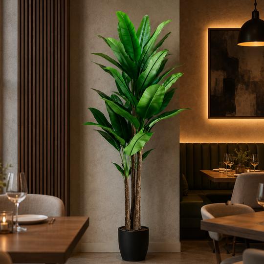 Artificial Banana Tree Plant, 190 cm, 3 stems, 27 leaves, Green, with Pot