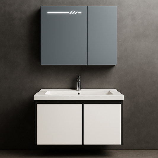 Bathroom Cabinet Set with LED Mirror and Suspended Washbasin Cabinet, 60x70 cm, Black and White, Modern Minimalist Design