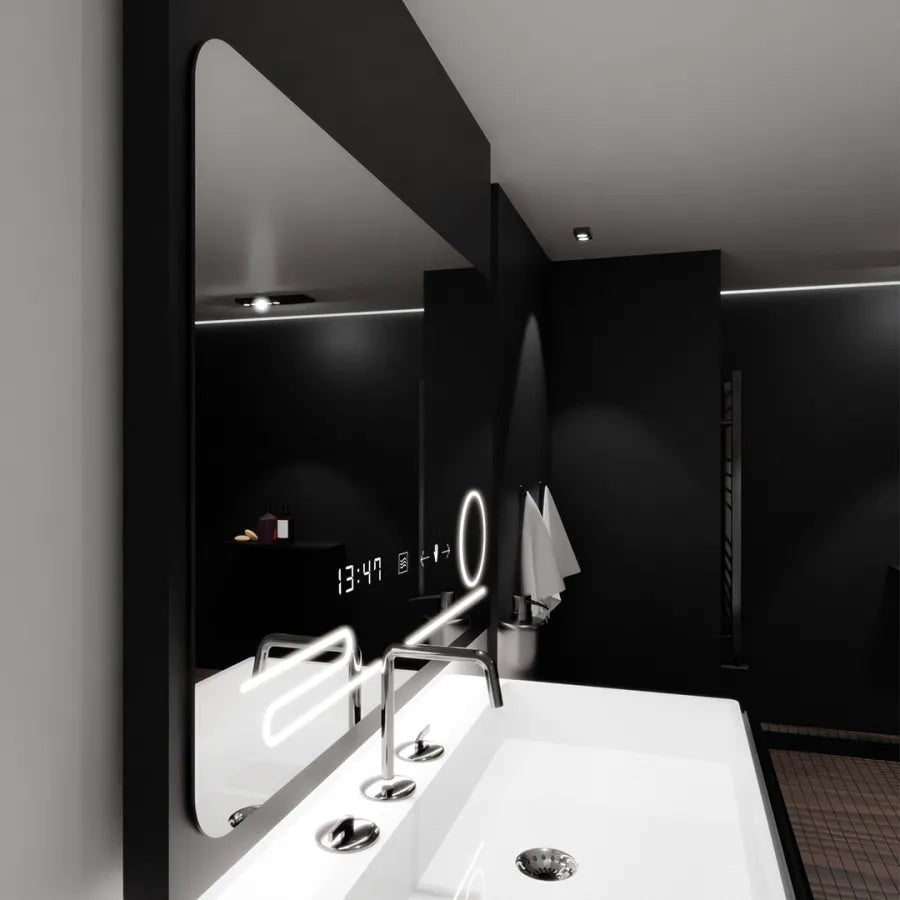 Rectangular LED mirror, 100x60cm, Harmonie MotionGlow Marcello, Demister System, Clock & Thermometer, Cosmetic Magnifier, Dimmable