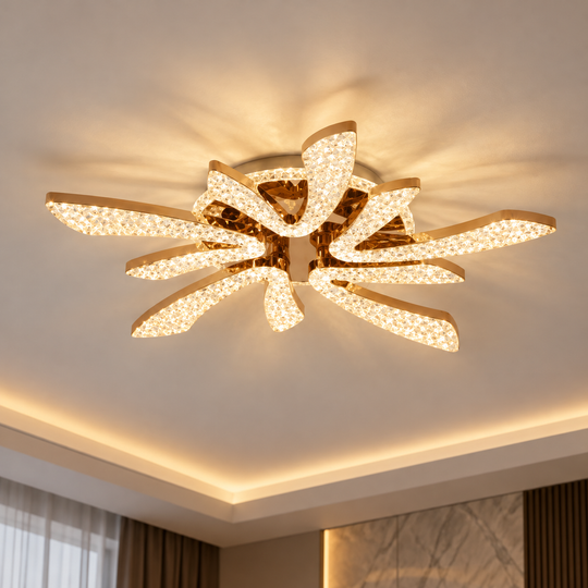 CHARM Magno LED chandelier with remote control and crystal, 68W, Ø59cm, 5 Sources, Cold/Warm/Neutral Light, Dimmable, Gold