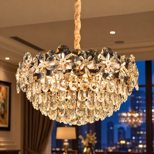 Crystal Chandelier JARDIN Eleganza 9xE14, Diameter 50cm, Height 30cm, Shiny Gold, Adjustable Height, Elegant Design