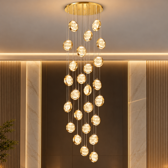 Crystal Chandelier FRAME LED with Remote Control, Suspended, 30 Sources, 90W, Diameter 60cm, Adjustable Height, Gold, Metal and Crystal