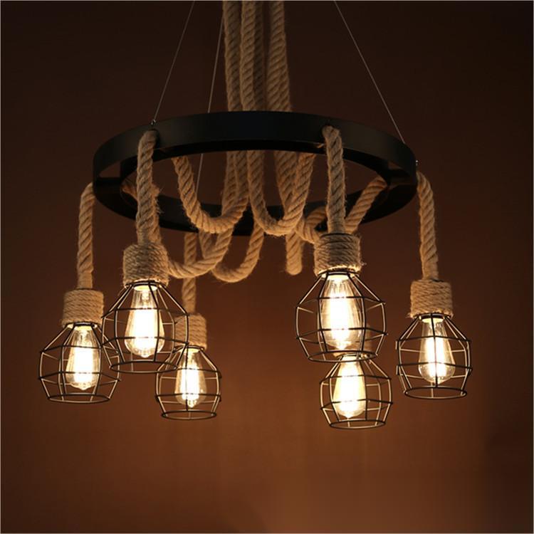 Wheel Chandelier, 3*E27, Brown, Metal and Rope