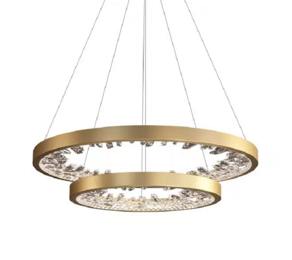 Suspended LED chandelier with remote control, K9 Crystals, 67W, 2 Circles, 60 cm, Cold/Warm/Neutral light, Dimmable, Gold, Height Adjustable