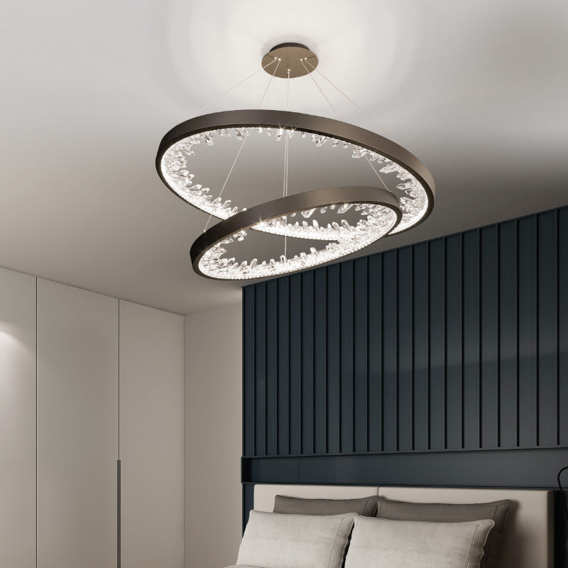 Suspended LED chandelier with remote control, K9 Crystals, 67W, 2 Circles, 60 cm, Cold/Warm/Neutral light, Dimmable, Black, Height Adjustable