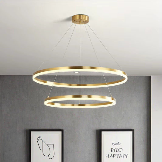Suspended LED chandelier with remote control CHRISTINE, 42W, 2 Circles, Cold/Warm/Neutral light, Dimmable, Shiny Gold, Adjustable Height