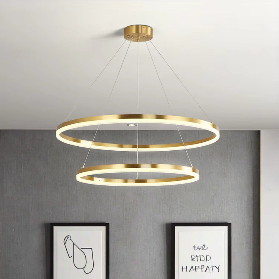 Suspended LED chandelier with remote control CHRISTINE, 42W, 2 Circles, Cold/Warm/Neutral light, Dimmable, Shiny Gold, Adjustable Height