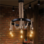 Wheel Chandelier, 3*E27, Brown, Metal and Rope