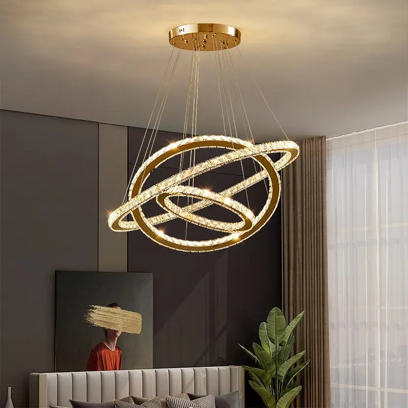 Bright LED PRISM Chandelier, Crystal and Metal, 210W, 4 Circles, Dimmable, Adjustable Height, Cold/Warm/Neutral Light, Luxurious Lighting
