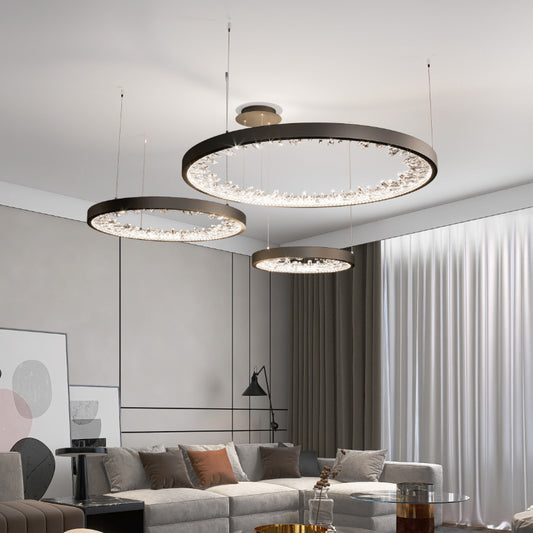 Suspended LED chandelier with remote control, K9 Crystals, 80W, 3 Circles, Cold/Warm/Neutral light, Dimmable, Black, Height Adjustable