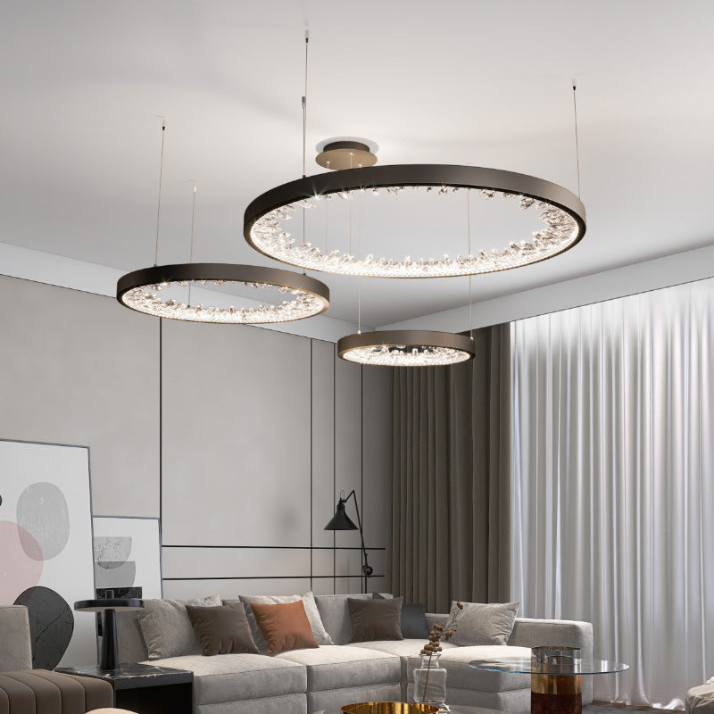 Suspended LED chandelier with remote control, K9 Crystals, 80W, 3 Circles, Cold/Warm/Neutral light, Dimmable, Black, Height Adjustable