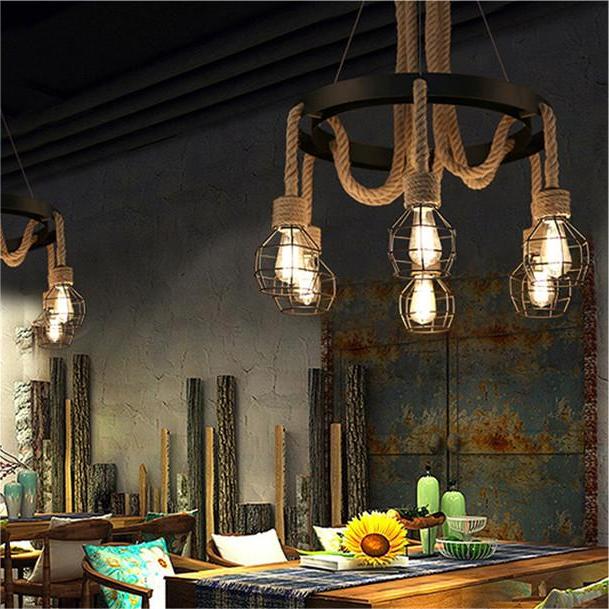 Wheel Chandelier, 3*E27, Brown, Metal and Rope