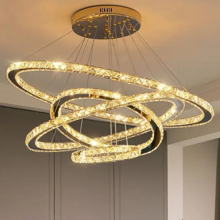 Bright LED PRISM Chandelier, Crystal and Metal, 210W, 4 Circles, Dimmable, Adjustable Height, Cold/Warm/Neutral Light, Luxurious Lighting