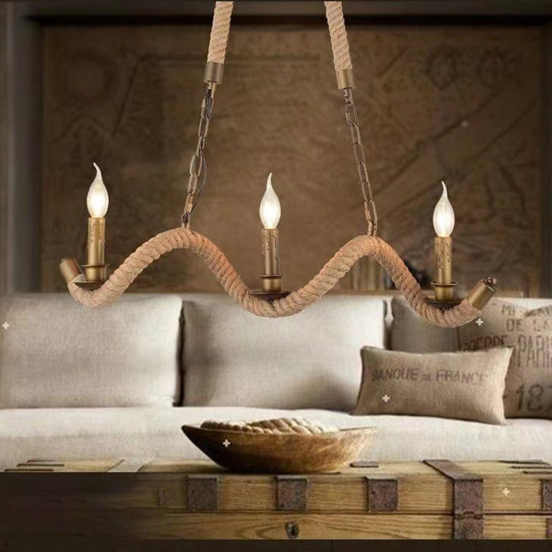 Rope Chandelier, 3*E27, Brown, Metal and Rope