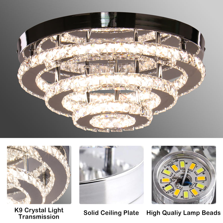 Crystal LED Chandelier LLC151/500CH, 64W, 3 Elements, Cold/Warm/Neutral light, Dimmable, Shiny Chrome