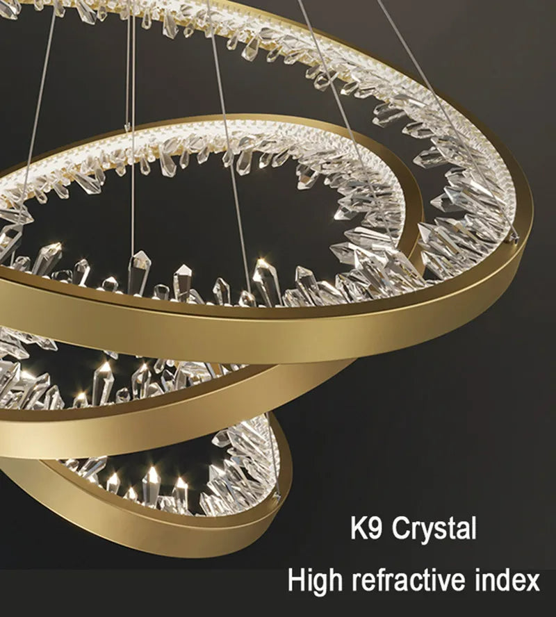Suspended LED chandelier with remote control, K9 Crystals, 67W, 2 Circles, 60 cm, Cold/Warm/Neutral light, Dimmable, Gold, Height Adjustable