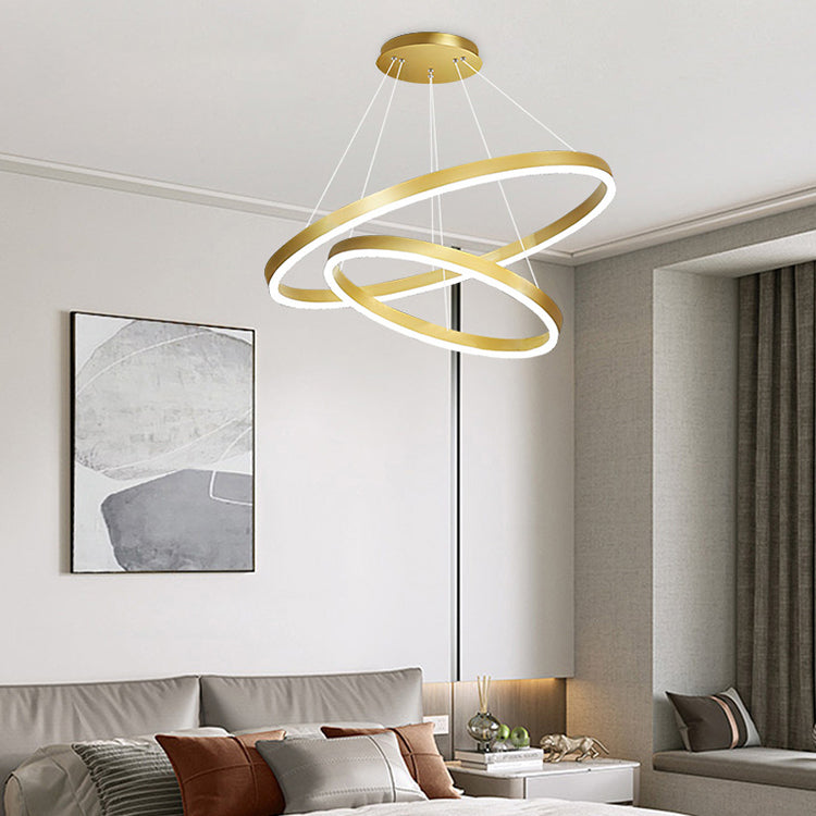 Suspended LED chandelier with remote control CHRISTINE, 42W, 2 Circles, Cold/Warm/Neutral light, Dimmable, Shiny Gold, Adjustable Height