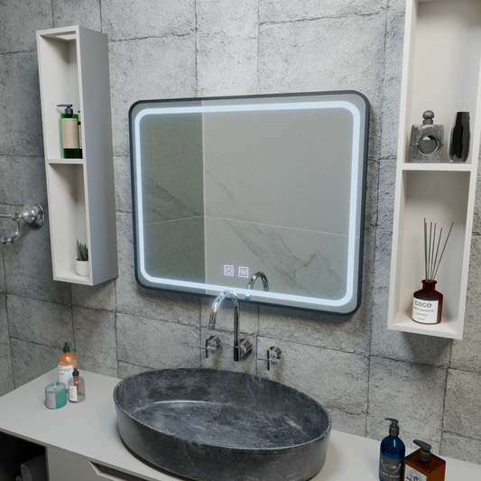 Rectangular LED mirror 80x60cm – Edge LUMINOUS Touch De-fogging System, Black Frame